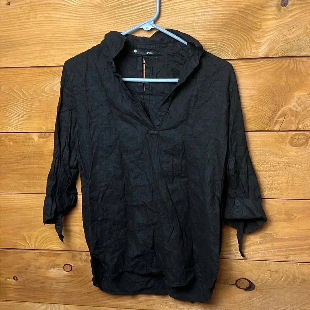 krisa by Revolve Black Linen V Neck 3/4 Sleeve Tie Cuff Shirt Top Women's Medium